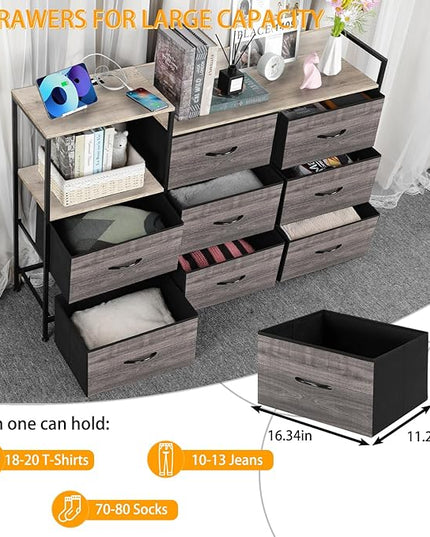 MOOACE TV Stand with Charging Station, 52'' Long TV Stand with 8 Storage Drawers and Open Shelves, Chests Dresser for Bedroom, Living Room, Light Gray - LeafyLoom