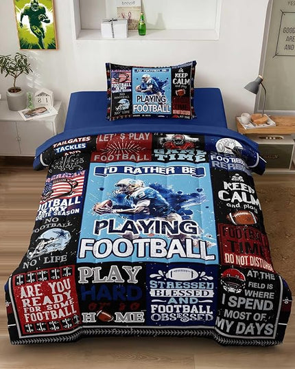 American Football Bedding Twin for Teen Boys, Kids Sports Comforter Set Bed in A Bag, Blue Children Bed Set with Sheets Twin Size - LeafyLoom