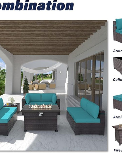 Patio Furniture Set with Fire Pit Table 8 PCS Outdoor Sectional Furniture Outdoor Rattan Patio Conversation Sets with 43in 55,000 BTU Propane Gas Fire Pit Table Glass Table, Blue - LeafyLoom