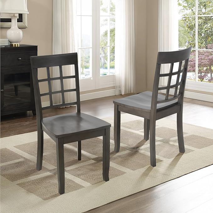 COLAMY Wooden Dining Chairs Set of 2, Nine-Square High Back Kitchen Side Chair, Farmhouse Dining Chairs for Kitchen and Dining Room, Dark Grey - LeafyLoom