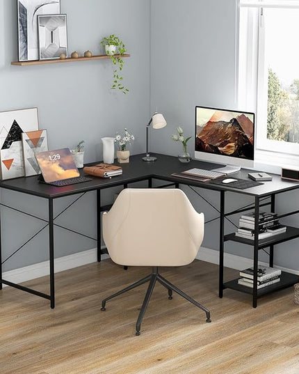 L-Shaped Home Office Desk, Corner Computer Desk w/Monitor Stand, Reversible PC Desk w/Heavy-Duty Metal Frame, Long Office Desk for 2 Person, Space-Saving Design (Black) - LeafyLoom