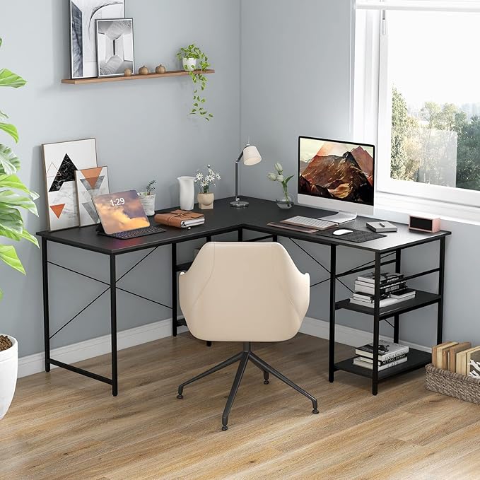 L-Shaped Home Office Desk, Corner Computer Desk w/Monitor Stand, Reversible PC Desk w/Heavy-Duty Metal Frame, Long Office Desk for 2 Person, Space-Saving Design (Black) - LeafyLoom