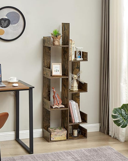 VECELO Tree Bookshelf, Geometric 8 Shelf Tree Bookcase Wood Bookshelves Display,Tree-Shaped Shelf Racks Organizer for Books,Magazines,CDs and Decors for LivingRoom Bedroom Studyroom Home Office,Brown - LeafyLoom