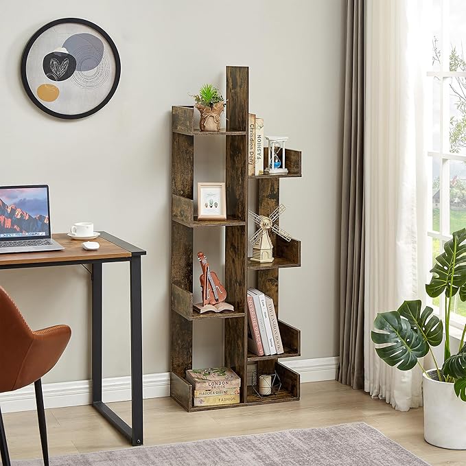 VECELO Tree Bookshelf, Geometric 8 Shelf Tree Bookcase Wood Bookshelves Display,Tree-Shaped Shelf Racks Organizer for Books,Magazines,CDs and Decors for LivingRoom Bedroom Studyroom Home Office,Brown - LeafyLoom