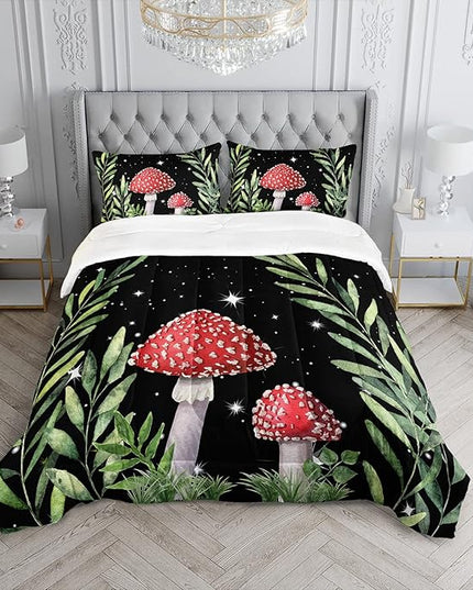 Galaxy Mushroom Comforter Set Queen Size Kids Mushroom Bedding Set Leaves Quilt Bed Set for Boys Girls Adults with 1 Comforter and 2 Pillowcases - LeafyLoom