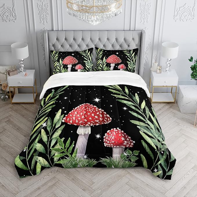Galaxy Mushroom Comforter Set Full Size Kids Mushroom Bedding Set Leaves Quilt Bed Set for Boys Girls Adults with 1 Comforter and 2 Pillowcases - LeafyLoom