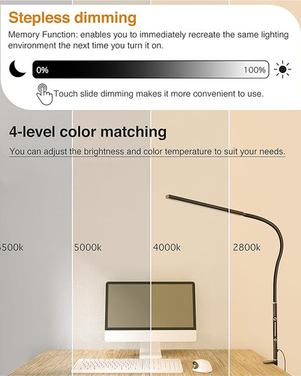 LED Desk Lamp for Office Home, Remote Control Desk Light with Stepless Dimming Adjustable Flexible Gooseneck,Eye-caring Clip on Table Lamp with 4 Color Modes, Workbench Drafting Reading Study bedrooms - LeafyLoom
