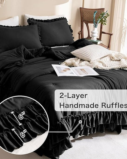 Black Ruffled Comforter Set Queen,Farmhouse Shabby Boho Chic Bedding,Ultra Soft Fluffy Ruffle Bed Comforter Set 3-Piece (1 Ruffle Comforter+2 Pillow Shams) - LeafyLoom