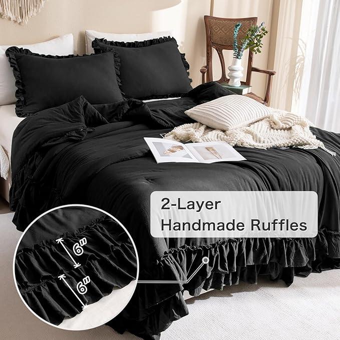 Black Ruffled Comforter King,Shabby Boho Chic Farmhouse King Bedding Comforter 3 Pieces Vintage Ultra Soft Rustic Bedding for All Season - LeafyLoom