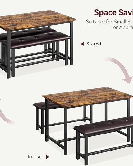 Kitchen Table with Benches, Dining Table Set for 4, Rectangular Dining Room Table Set with 2 Upholstered Benches, 3 Piece Kitchen Table Set for Small Space, Apartment, Studio, Retro Brown - LeafyLoom