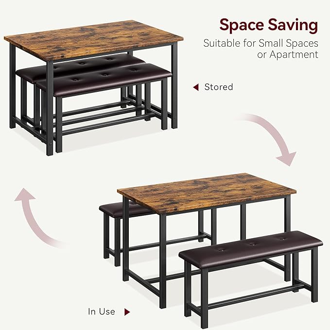 Kitchen Table with Benches, Dining Table Set for 4, Rectangular Dining Room Table Set with 2 Upholstered Benches, 3 Piece Kitchen Table Set for Small Space, Apartment, Studio, Retro Brown - LeafyLoom