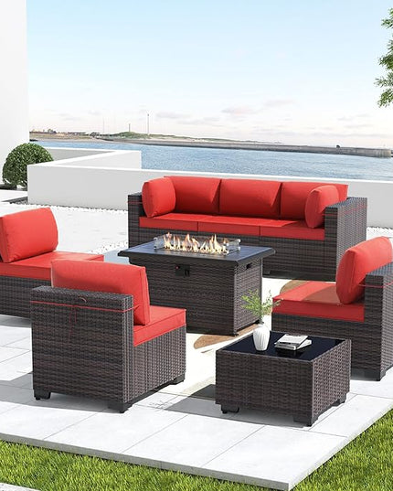Kullavik 8 Pieces Outdoor Patio Furniture Set with 43" 55000BTU Gas Propane Fire Pit Table PE Wicker Rattan Sectional Sofa Patio Conversation Sets,Red - LeafyLoom