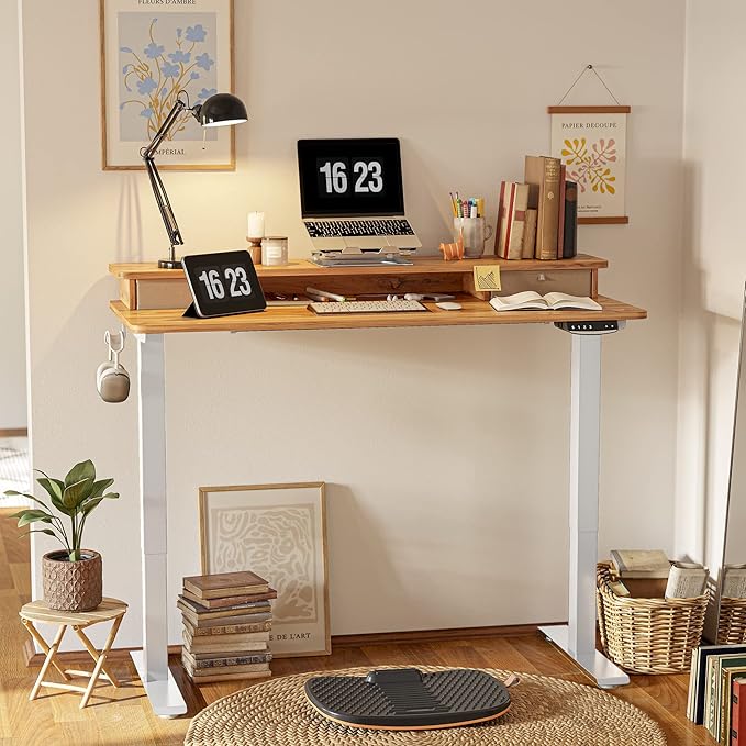 FEZIBO 40 x 24 Inch Height Adjustable Electric Standing Desk with Double Drawer, Stand Up Desk with Storage Shelf, Sit Stand Desk, Light Rustic - LeafyLoom