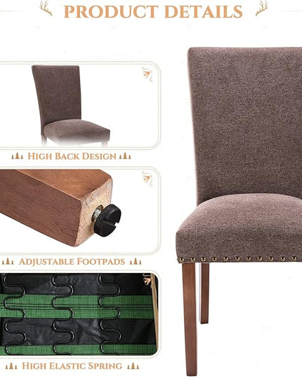 Parsons Dining Chairs Set of 6, Upholstered Nailhead Dining Room Kitchen Side Chair with Thick Cushions and Wood Legs, Brown - LeafyLoom