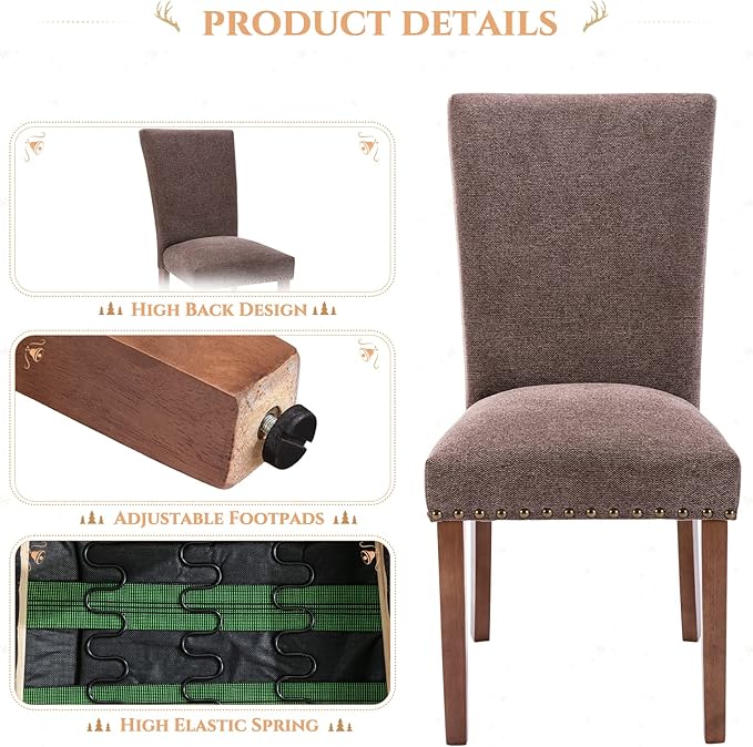 Parsons Dining Chairs Set of 6, Upholstered Nailhead Dining Room Kitchen Side Chair with Thick Cushions and Wood Legs, Brown - LeafyLoom