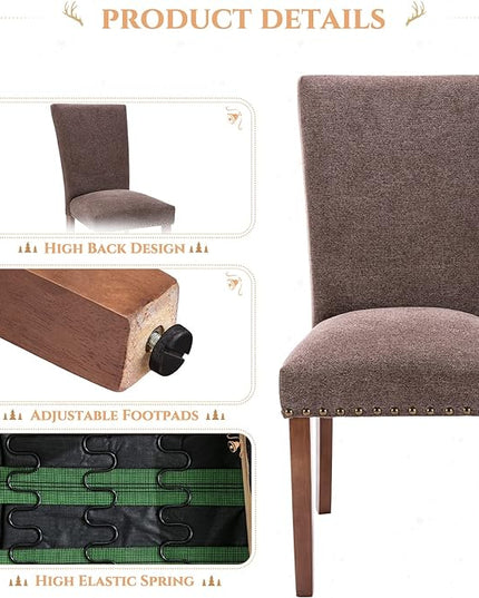 Parsons Dining Chairs Set of 2, Upholstered Nailhead Dining Room Kitchen Side Chair with Thick Cushions and Wood Legs, Brown - LeafyLoom
