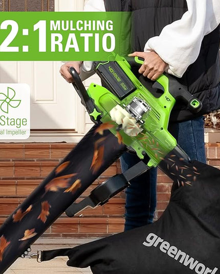 Greenworks 40V (230 MPH / 505 CFM / 75+ Compatible Tools) Cordless Brushless Leaf Blower / Vacuum, 5.0Ah Battery and Charger Included - LeafyLoom