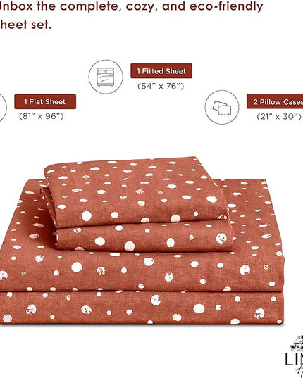 Linen Home Cotton Lyocell Blend Percale Printed Sheet Set, Pre-Washed & Shrunk, Cooling Bed Sheets, Full Size, 4 Pieces - 1 Flat, 1 Deep Pocket Fitted Sheet, 2 Pillowcases, Polka Cedarwood - LeafyLoom