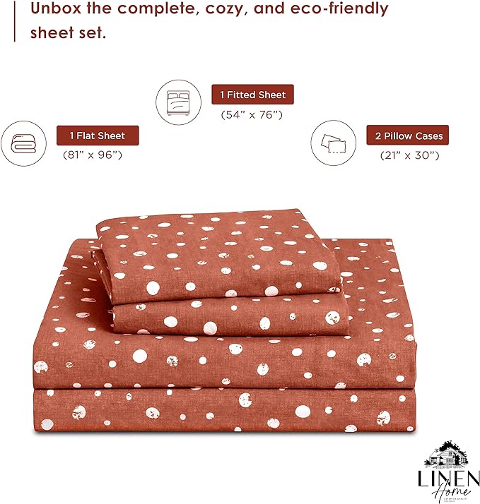 Linen Home Cotton Lyocell Blend Percale Printed Sheet Set, Pre-Washed & Shrunk, Cooling Bed Sheets, Full Size, 4 Pieces - 1 Flat, 1 Deep Pocket Fitted Sheet, 2 Pillowcases, Polka Cedarwood - LeafyLoom
