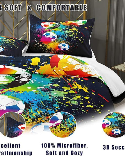 Bodhi Boys Teen Comforter Set Queen,Soccer Comforter Set Queen,Boys Sports Comforter Set Queen,Rainbow Graffiti Football Bedding Set for Boys,Kids,Teens with Matching Pillowcases - LeafyLoom