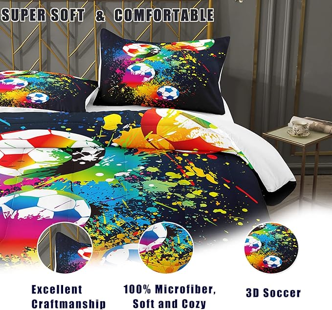 Bodhi Boys Teen Comforter Set Queen,Soccer Comforter Set Queen,Boys Sports Comforter Set Queen,Rainbow Graffiti Football Bedding Set for Boys,Kids,Teens with Matching Pillowcases - LeafyLoom