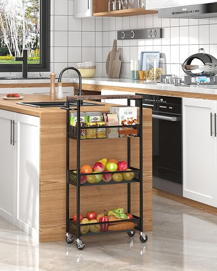 Slim Storage Cart 4 Tier Narrow Kitchen Rolling Cart on Wheels for Small Space, Mobile Utility Cart Shelving Unit with Wooden Top and Metal Handle for Kitchen, Bathroom, Laundry Room - LeafyLoom