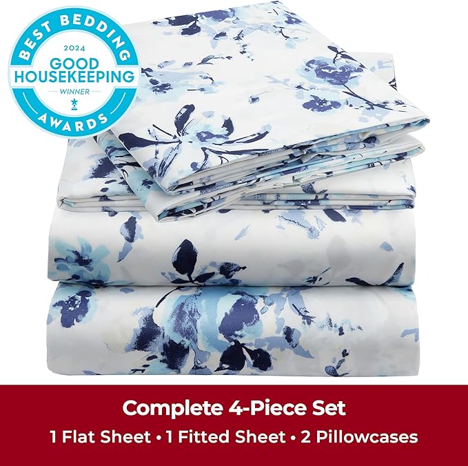 Mellanni California King Sheets Set - 4 PC Iconic Collection Bedding Sheets & Pillowcases - Hotel Luxury, Extra Soft, Cooling Bed Sheets - Deep Pocket up to 16 inch (Cal King, Madison Blue) - LeafyLoom