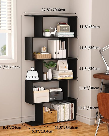 Yusong Bookshelf 5-Tier, Geometric Bookcase S Shaped Book Shelves for Bedroom, Modern Wood Decorative Display Shelf Book Case for Home Office, Black - LeafyLoom