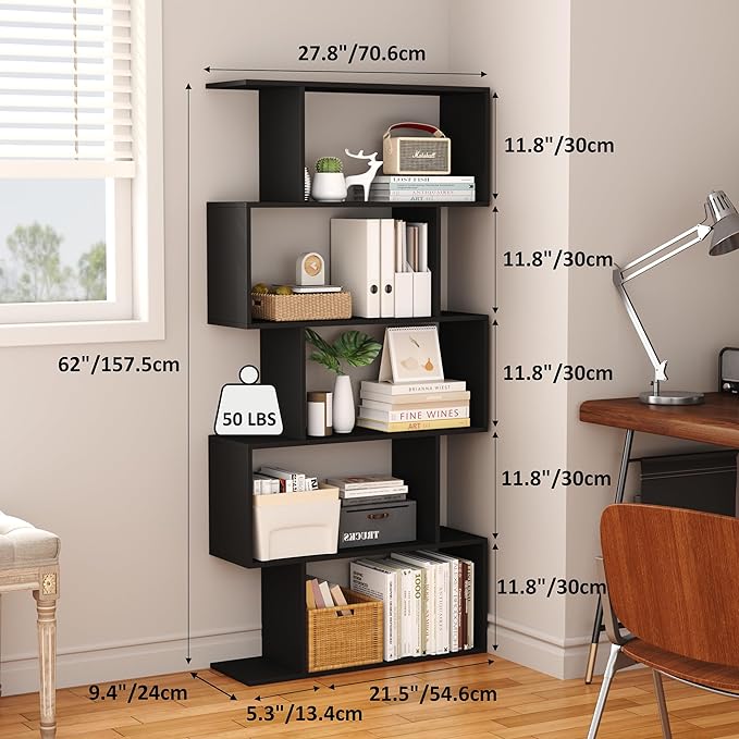 Yusong Bookshelf 5-Tier, Geometric Bookcase S Shaped Book Shelves for Bedroom, Modern Wood Decorative Display Shelf Book Case for Home Office, Black - LeafyLoom