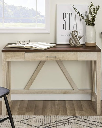 Walker Edison Rustic Farmhouse Wood Computer Writing Desk Home Office Workstation Small, 46 Inch, White Oak and Brown - LeafyLoom