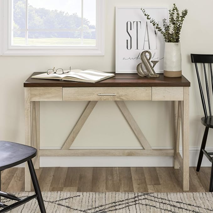 Walker Edison Rustic Farmhouse Wood Computer Writing Desk Home Office Workstation Small, 46 Inch, White Oak and Brown - LeafyLoom