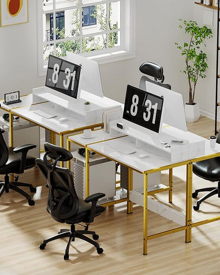 Gaming Desk with Monitor Stand, Storage and Marble Design - Adjustable Home Office Writing Desk - LeafyLoom