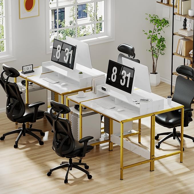 Gaming Desk with Monitor Stand, Storage and Marble Design - Adjustable Home Office Writing Desk - LeafyLoom
