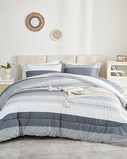 Litanika Twin/Twin XL Comforter Set Dorm Bedding Grey, 2 Pieces Twin Extra Long Comforter & Sets Light Gray White Colorblock Stripe, All Season Bed Set - LeafyLoom