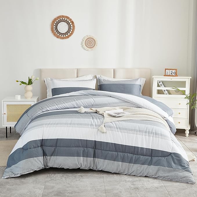 Litanika Twin/Twin XL Comforter Set Dorm Bedding Grey, 2 Pieces Twin Extra Long Comforter & Sets Light Gray White Colorblock Stripe, All Season Bed Set - LeafyLoom