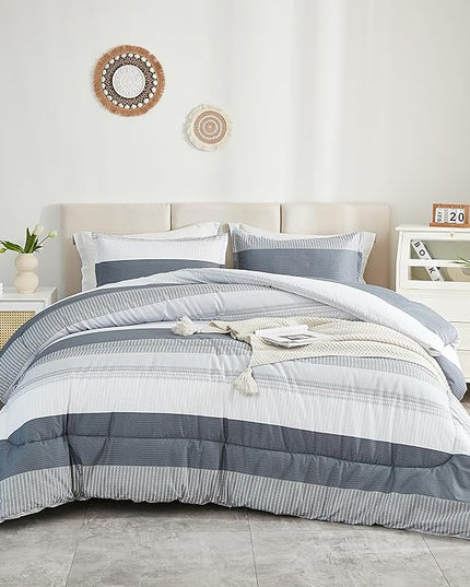 Litanika Comforter Full Size Bed Set Light Grey - 3 Pieces Lightweight Gray White Colorblock Stripe Fluffy Bedding Comforter Sets, All Season Bed Set - LeafyLoom