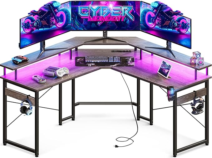 ODK L Shaped Gaming Desk with LED Lights & Power Outlets, 51" Computer Desk with Full Monitor Stand, Corner Desk with Cup Holder, Gaming Table with Hooks, Grey Oak - LeafyLoom