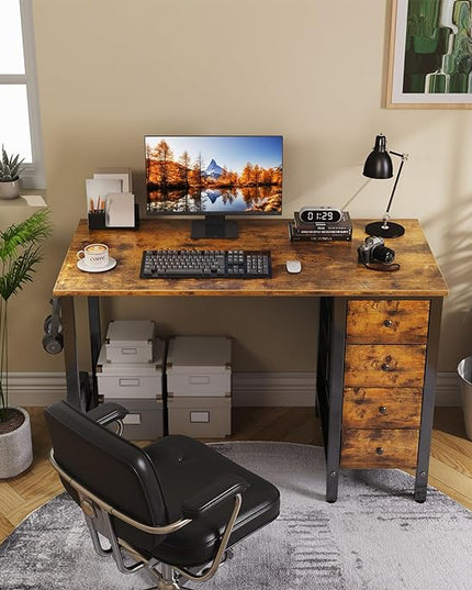 Lufeiya 40 inch Computer Desk with 4 Drawers, Kids Student Small Desks for Home Office Small Space, Work PC Desk Table for Bedroom, Rustic Brown - LeafyLoom