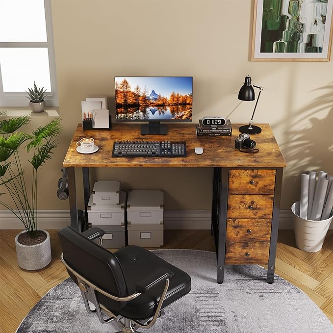Lufeiya 40 inch Computer Desk with 4 Drawers, Kids Student Small Desks for Home Office Small Space, Work PC Desk Table for Bedroom, Rustic Brown - LeafyLoom
