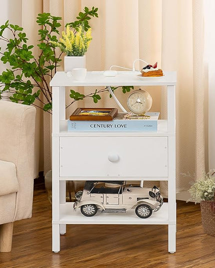 Lerliuo Nightstand with Charging Station and USB Ports, 3-Tier Storage End Table with Drawer Shelf, Night Stand for Small Spaces, Wood Bedside Table for Living Room, Bedroom - Elegant White - LeafyLoom