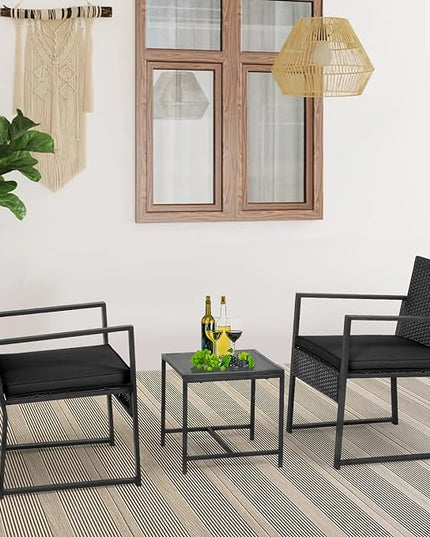 FDW Wicker Patio Chairs Rattan Bistro Set Outdoor Furniture for Backyard Porch Poolside Lawn, Cushion, Black and Black - LeafyLoom