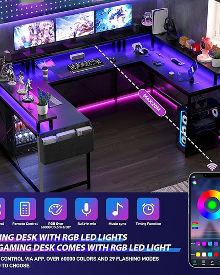 U Shaped Computer Gaming Desk, Reversible L Shaped Desk with Power Outlets, LED Strip & Monitor Stand, Large Corner Desk with Storage Shelves for Home Office, Black - LeafyLoom