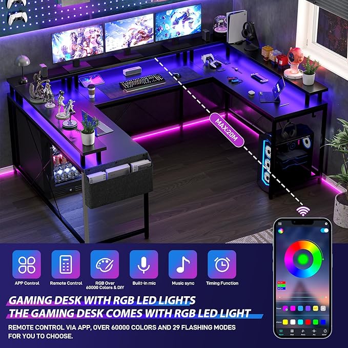 U Shaped Computer Gaming Desk, Reversible L Shaped Desk with Power Outlets, LED Strip & Monitor Stand, Large Corner Desk with Storage Shelves for Home Office, Black - LeafyLoom