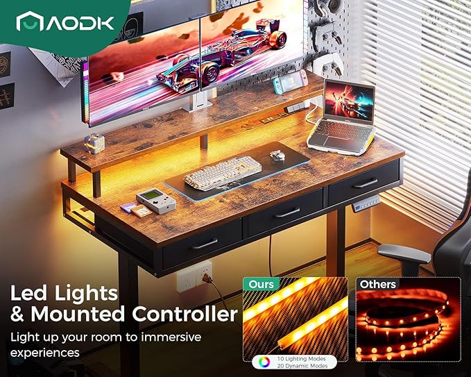 AODK 47 Inch Electric Standing Desk with 3 Drawers, Brown, Height Adjustable Desk with Power Outlets & LED Lights, Stand Up Desk with Monitor Shelf, Sit Stand Desk Computer Workstation - LeafyLoom