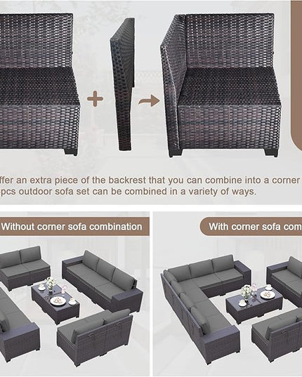 Patio Furniture Set Sofa 12-Pieces Wicker Sectional Sofa Set, Outdoor Furniture Rattan Patio Conversation Set with Thickened Cushions and Glass Coffee Table, Grey - LeafyLoom