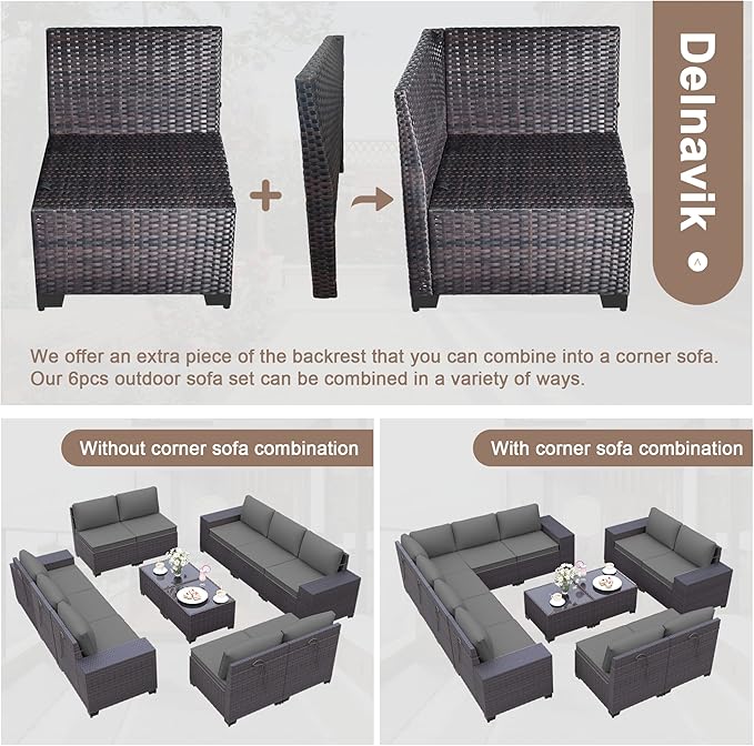 Patio Furniture Set Sofa 12-Pieces Wicker Sectional Sofa Set, Outdoor Furniture Rattan Patio Conversation Set with Thickened Cushions and Glass Coffee Table, Grey - LeafyLoom