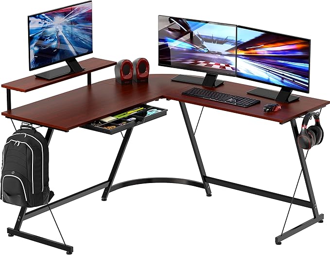 SHW Vista L-Shape Desk with Monitor Stand, Cherry - LeafyLoom