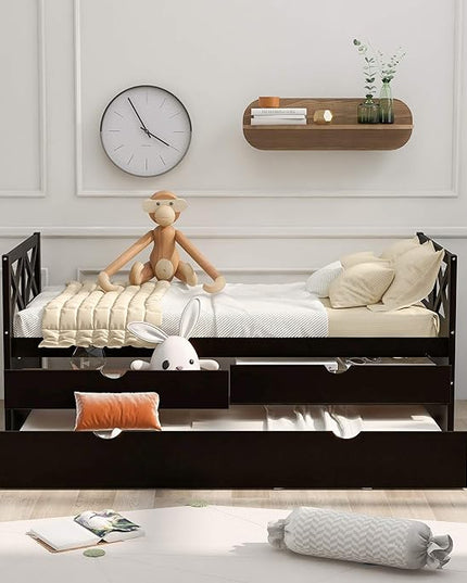 Twin Daybed with Storage Drawers and Trundle Bed, Wood Twin Size Captain’s Bed Frame for Bedroom Living Room Guest Room, Espresso - LeafyLoom