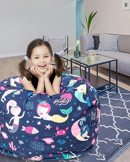 Stuffed Animal Storage Bean Bag Chair Cover, Hold Kids Plush Toys Blankets Towels Beanbag (Cover Only), Canvas Floor Circle Stuff Sit Seat Sofa with YKK Zipper, Extra Large 38", Mermaid - LeafyLoom