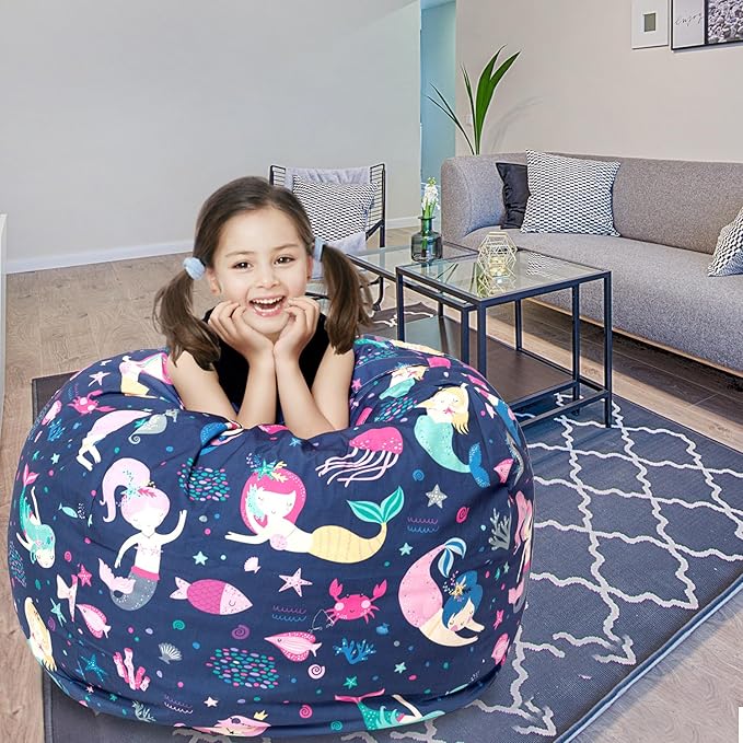 Stuffed Animal Storage Bean Bag Chair Cover, Hold Kids Plush Toys Blankets Towels Beanbag (Cover Only), Canvas Floor Circle Stuff Sit Seat Sofa with YKK Zipper, Extra Large 38", Mermaid - LeafyLoom